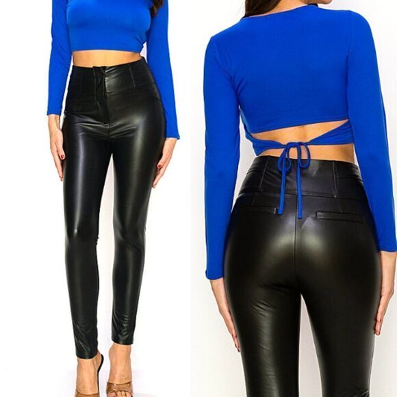 BLACK HIGH WAIST LEATHER SKINNY PANTS - Picture 1 of 6